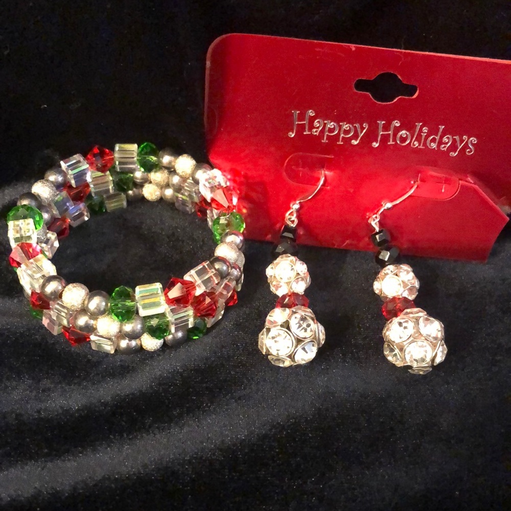 Crystal Bracelet & Snowmen Earrings. Faceted glass beads. Holiday Christmas